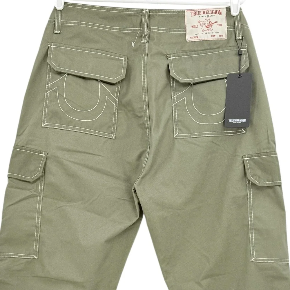 True Religion Men's Kalamata Green Cargo Pants Sz 34x32 Contrast Stitch NWT $159